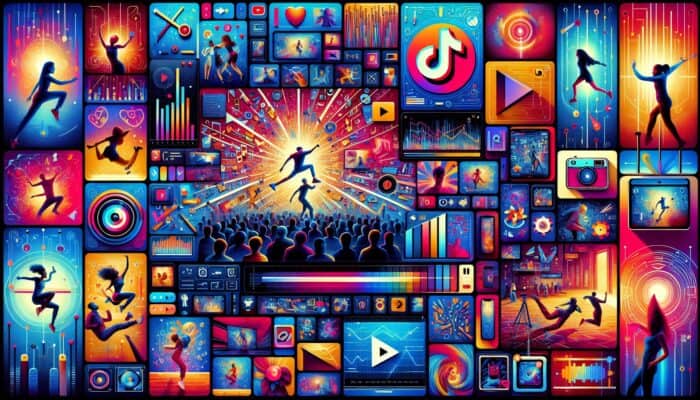 A vibrant collage of short-form videos on screens, showcasing TikTok, Instagram Reels, and YouTube Shorts with unique features.