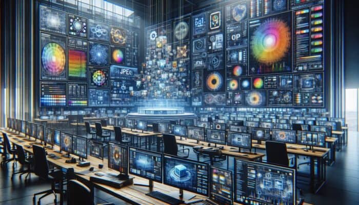 A digital artist's workspace comparing JPEG, PNG, and GIF formats on screens with quality and speed graphs.