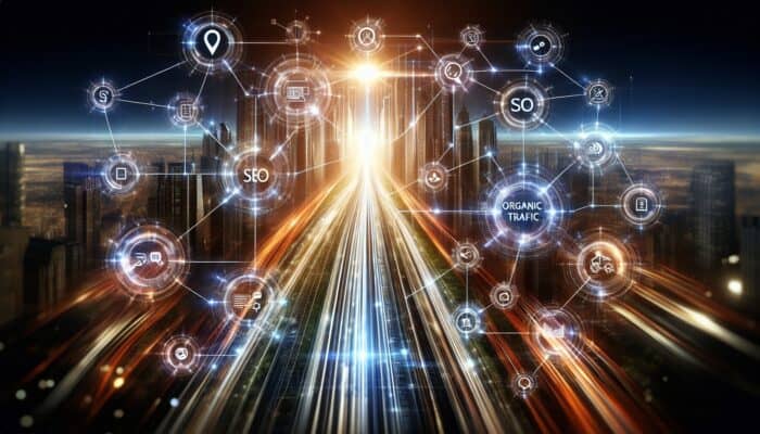 How to Set SEO Goals for Your Website: A digital roadmap with glowing nodes for SEO goals against a futuristic cityscape.