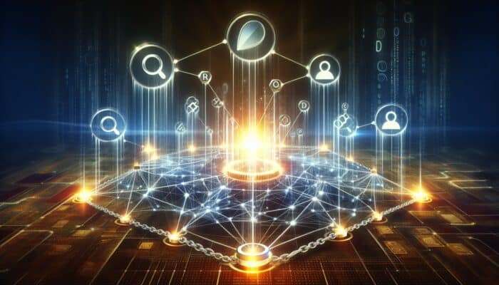 Leveraging Backlinks for Hosting Rankings: A network of glowing links boosting a website's authority, with a rising graph and search engine logos.