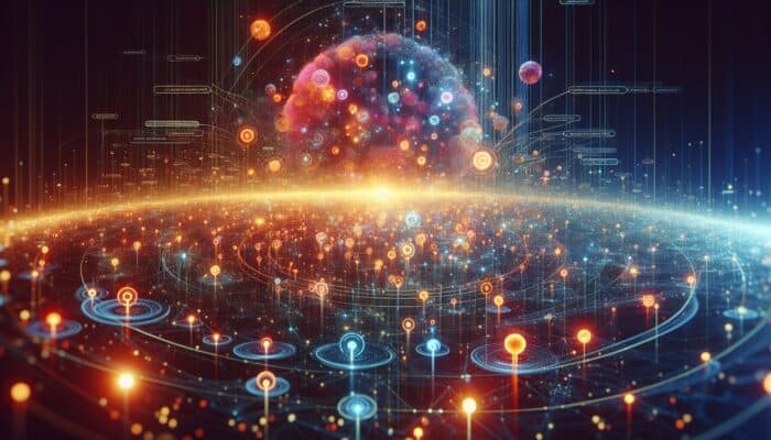 A digital landscape with nodes of unique, researched content, glowing with value, surrounded by backlinks and expanding reach.