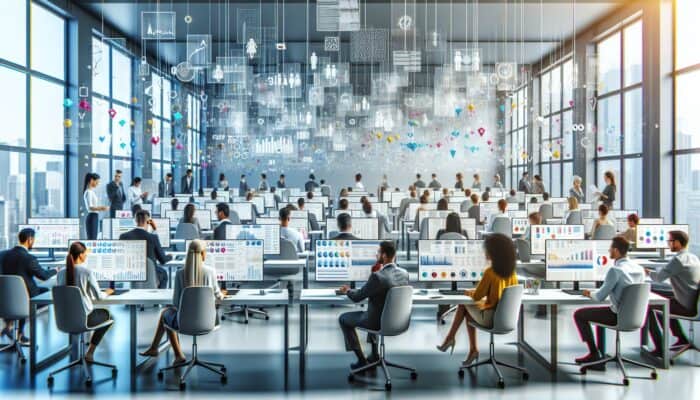 A modern digital marketing office with professionals analyzing data, surrounded by charts and graphs, illustrating a successful case study that generates backlinks.