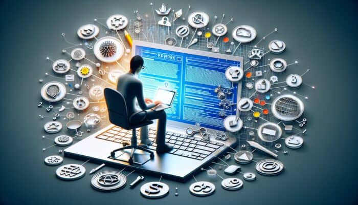 Person typing on laptop with SEO elements and structured blog post on screen.