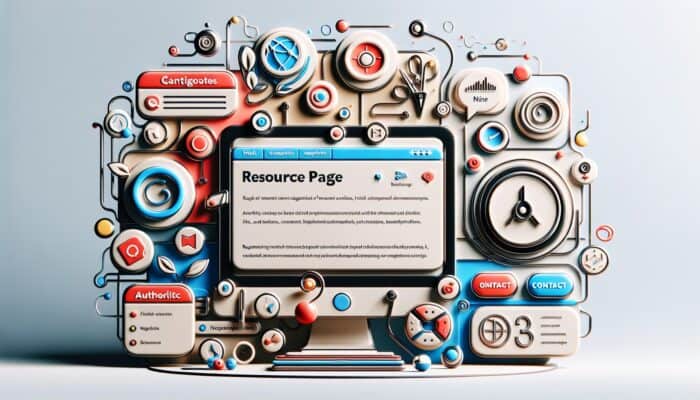 How to Use Resource Pages for Link Building: Digital illustration of a modern resource page on a screen, showing curated links, content updates, navigation icons, niche badges, and a contact section.