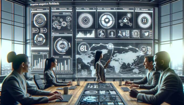 Why Hootsuite Is Key for Social Listening: A Hootsuite dashboard displays real-time social media feeds from Twitter, Instagram, and Facebook, with graphs tracking brand mentions and a diverse team analyzing feedback in a high-tech control room.