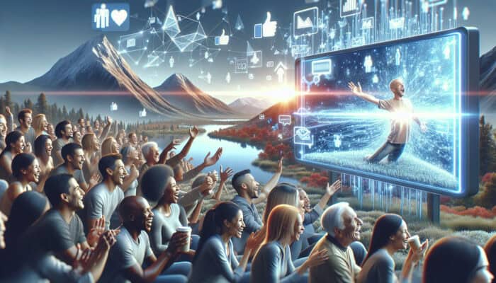 Diverse viewers laughing at witty wordplay and visual gags in a marketing video, surrounded by icons of likes and conversions.