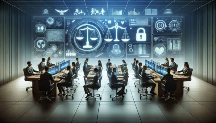 Diverse team in a modern boardroom: laptops display secure data graphs, central screen shows balanced scales and privacy locks, with floating holographic ethics symbols.