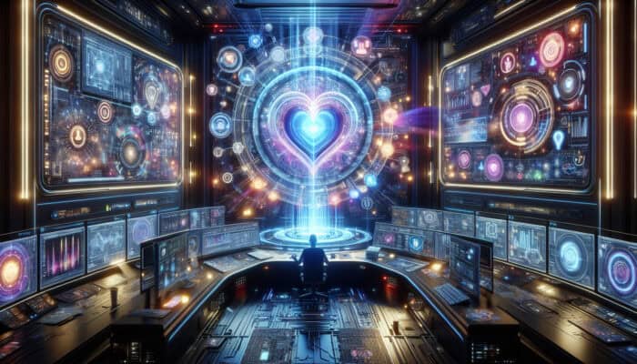 A futuristic marketing control center with a glowing AI core, screens displaying real-time social media trends, and agile marketers adapting strategies.