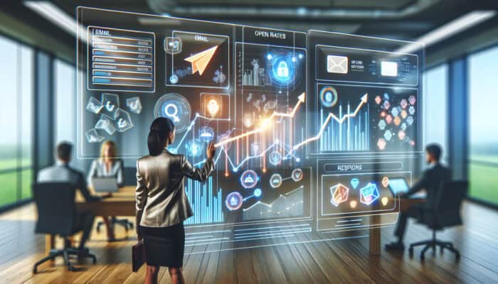 A digital dashboard in a modern office displays charts of email open, click-through, and response rates, with an analyst reviewing upward-trending graphs and icons.