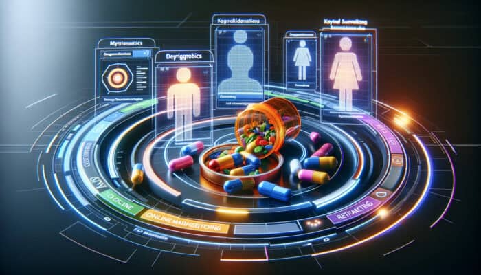 Amazon DSP dashboard with segmented user avatars, supplement keyword clouds, and retargeting loops around pill bottles in a futuristic network.