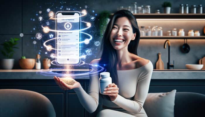 A serene woman smiles in a modern kitchen, holding a fresh supplements bottle, with a glowing app showing automated delivery options.