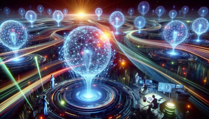 In a futuristic lab, AI algorithms illuminate holographic voice search interfaces, with glowing neural networks personalizing queries as SEO experts analyze data flows.