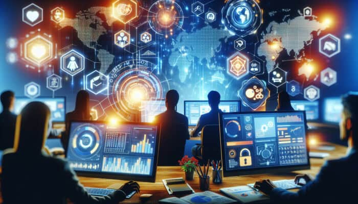 Marketers analyzing global surveys in a digital workspace, with glowing screens showing interactive charts, world maps, backlinks, and SEO icons.