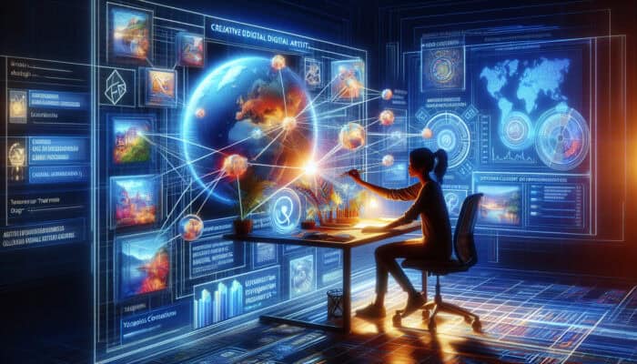 Digital artist at a glowing desk creating a vibrant travel blog with holographic maps, budget charts, cultural icons, and neural networks.