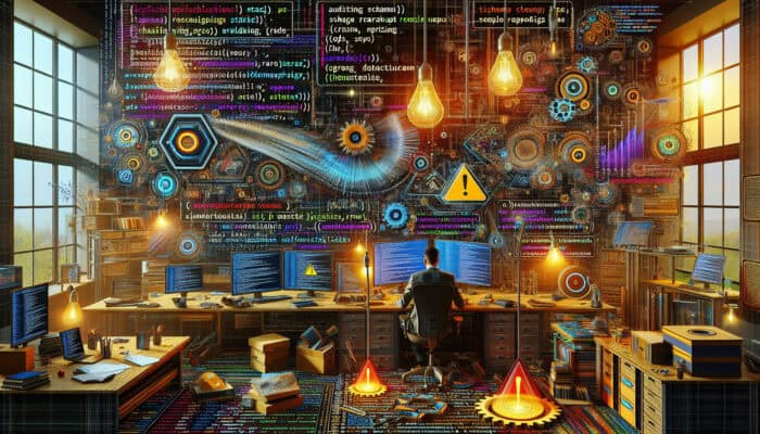 A programmer debugging schema code in a cluttered digital workspace, with red error highlights on mismatched data types like string for price, surrounded by audit tools and warning signs.