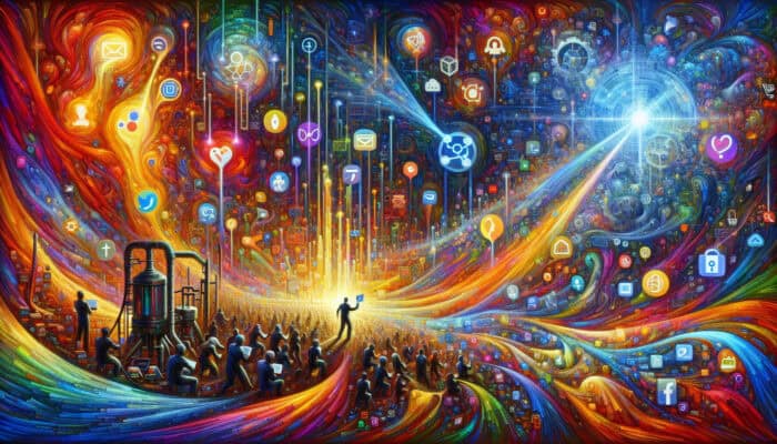 An analyst overwhelmed by swirling social media icons and data streams, with filters sifting insights and a team training under a beacon.