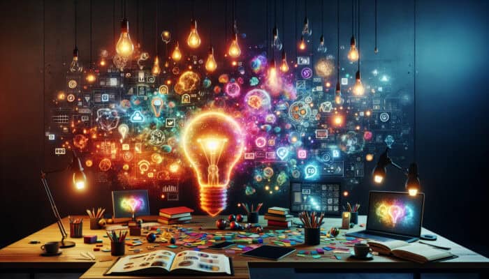 A creative content creator in a vibrant digital workspace, surrounded by glowing light bulbs, interactive screens, storytelling books, and social media icons.