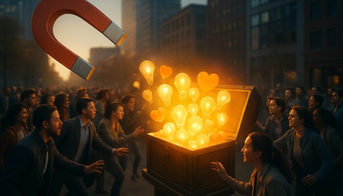 Diverse crowd drawn to glowing treasure chest of light bulbs and hearts, symbolizing value and engagement.