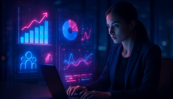 Digital marketer analyzing holographic promoted pins and audience engagement metrics in cyberpunk office