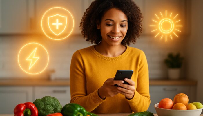 Vibrant person logging meals on nutrition app amid fresh produce and glowing energy, immunity, skin icons in kitchen.