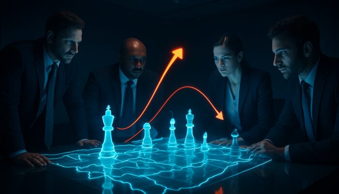 Business strategists analyzing holographic competitor maps and chess pieces in a sleek war room.