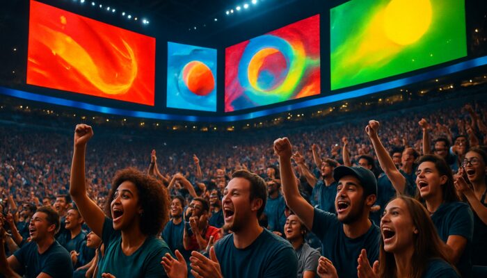 Excited crowd watching live sports with real-time targeted ads on glowing arena screens