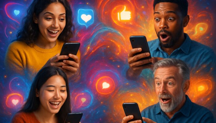 Vibrant collage of diverse people sharing captioned short videos on smartphones with social icons.