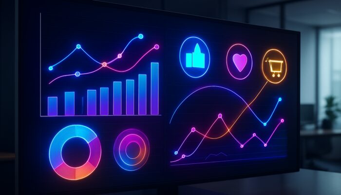 Futuristic dashboard with glowing charts tracking user engagement and conversion rates for social commerce.