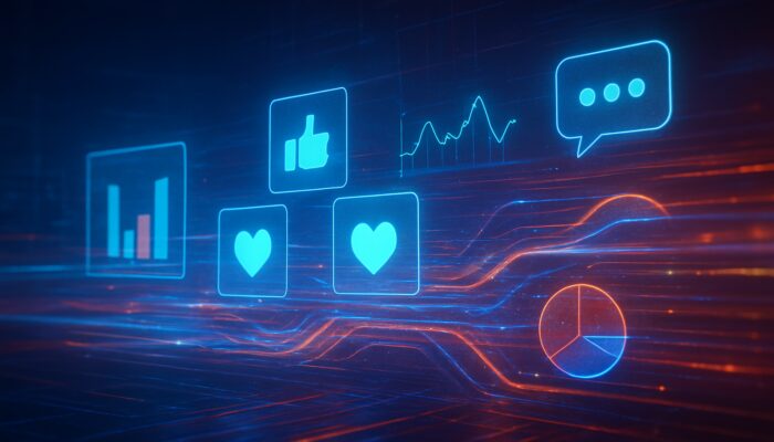 Holographic dashboard fusing social media icons, analytics charts, and feedback into commerce insights.