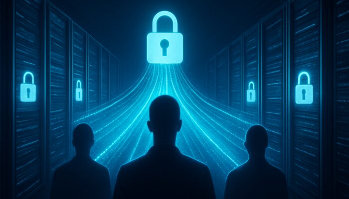 Futuristic server racks channeling glowing data streams from anonymous silhouettes in a blue cybernetic privacy realm.