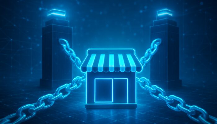 Futuristic e-commerce storefront linked by glowing chains to authoritative sites, boosting domain authority and rankings.