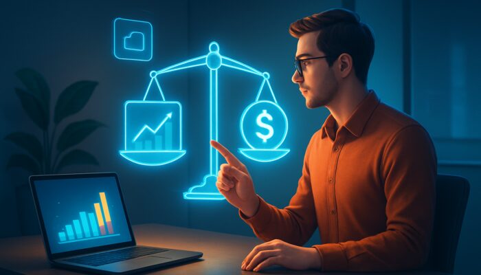 Entrepreneur comparing SEO tool prices and subscriptions on holographic scales in modern workspace