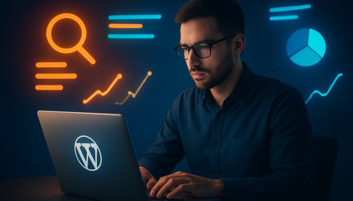 Digital marketer reviewing WordPress SEO dashboard with glowing keywords and SEMrush charts.
