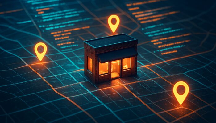 Vibrant digital map highlighting local storefront with glowing schema code and SEO keywords